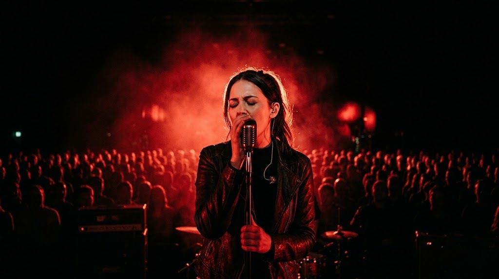 Singer on stage with in-ear monitors under red light