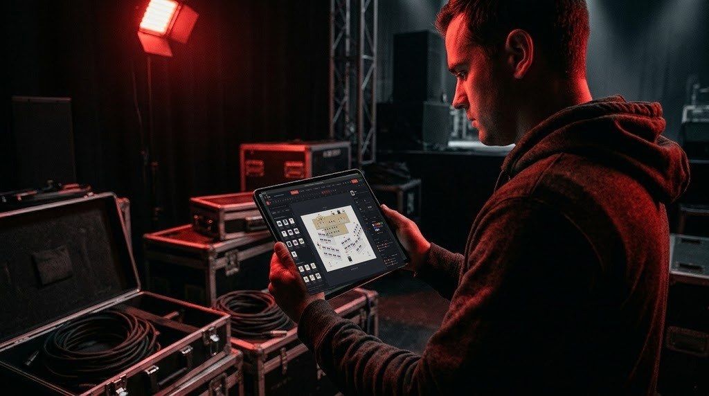 Stage technician checking the stage plot in Pi Stage on a tablet